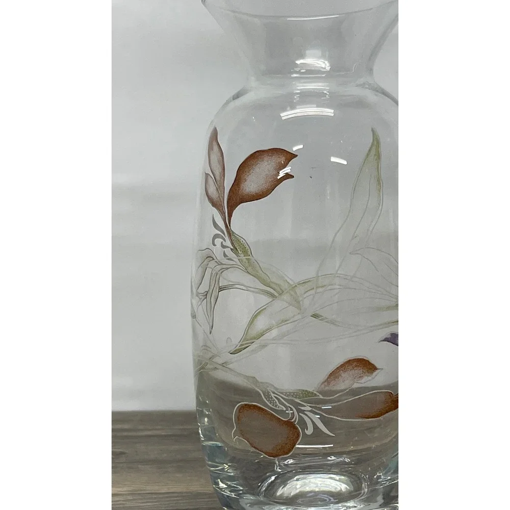Handmade Glass Floral Vase Hand Painted Leaf Design Clear Purple Brown Excellent